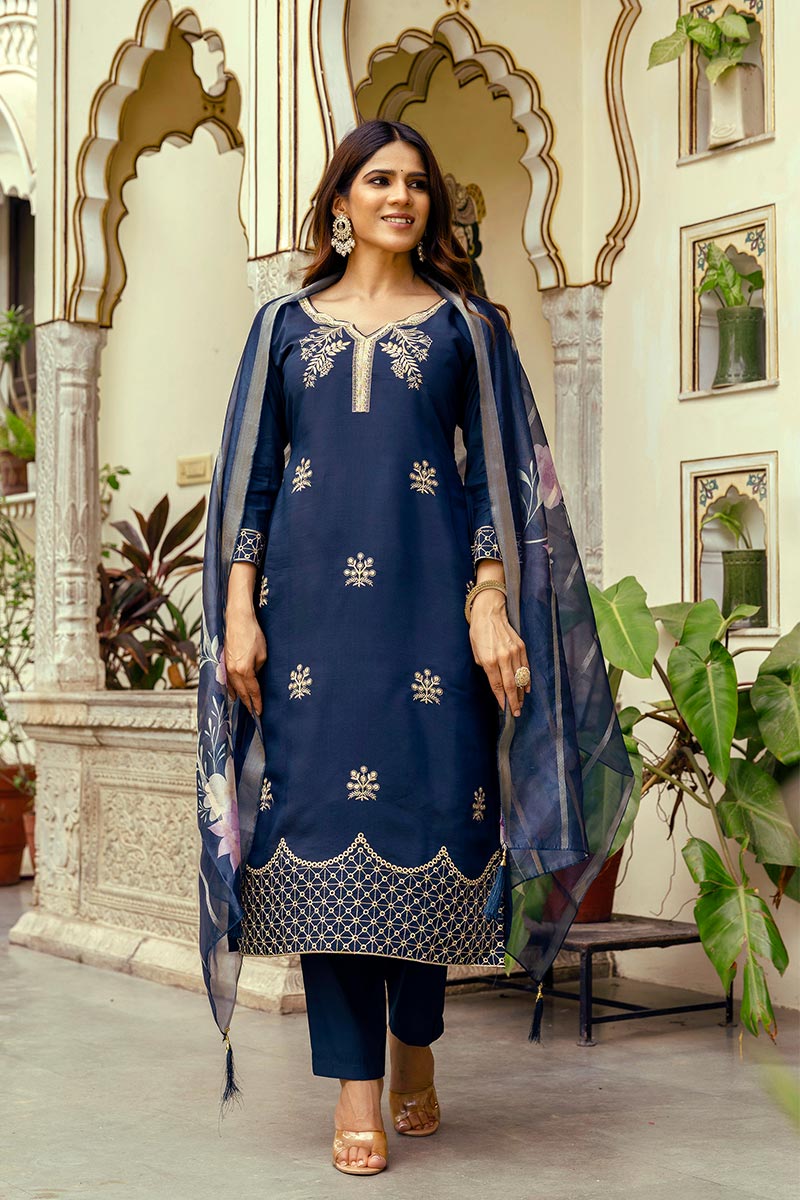 Navy Embroidered Salwar Kameez Suit | Designer Indian Ethnic Wear UK LF