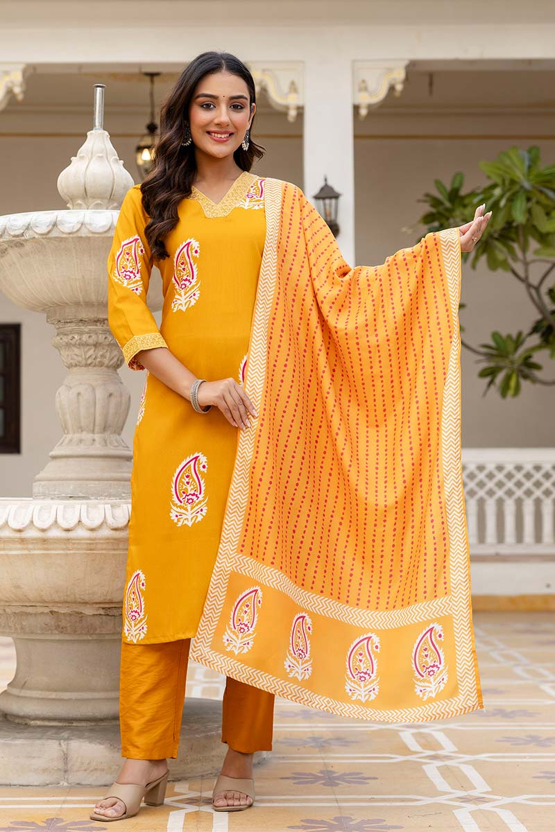 Yellow Printed Salwar Kameez for Festive & Events | Office Wear (UK) LF