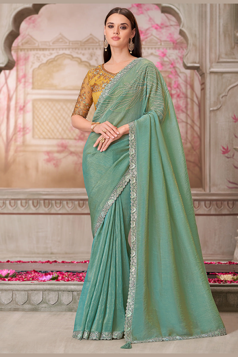 Designer Pista Green Saree with Zari Embroidered Blouse – Party & Wedding Wear LF