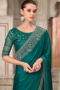 Luxury Party Wear Saree – Teal with Hand-Embroidered Blouse LF