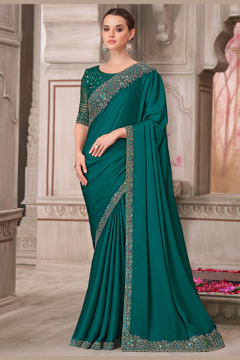 Luxury Party Wear Saree – Teal with Hand-Embroidered Blouse LF