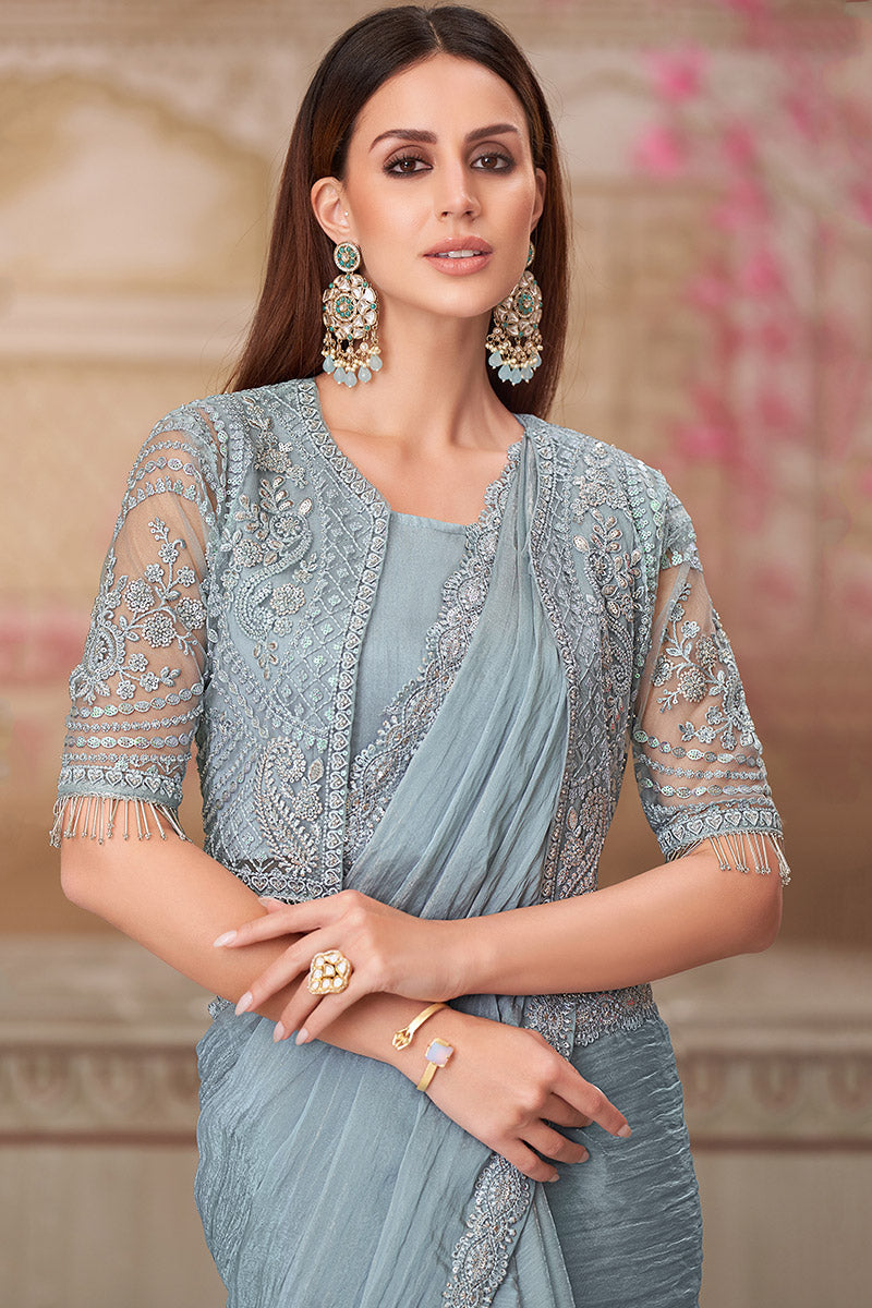 Graceful Grey Saree with Heavy Embroidery work with Jacket LF