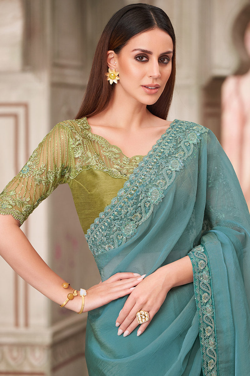 Luxury Party Wear Saree – Light Blue with Hand-Embroidered Blouse LF