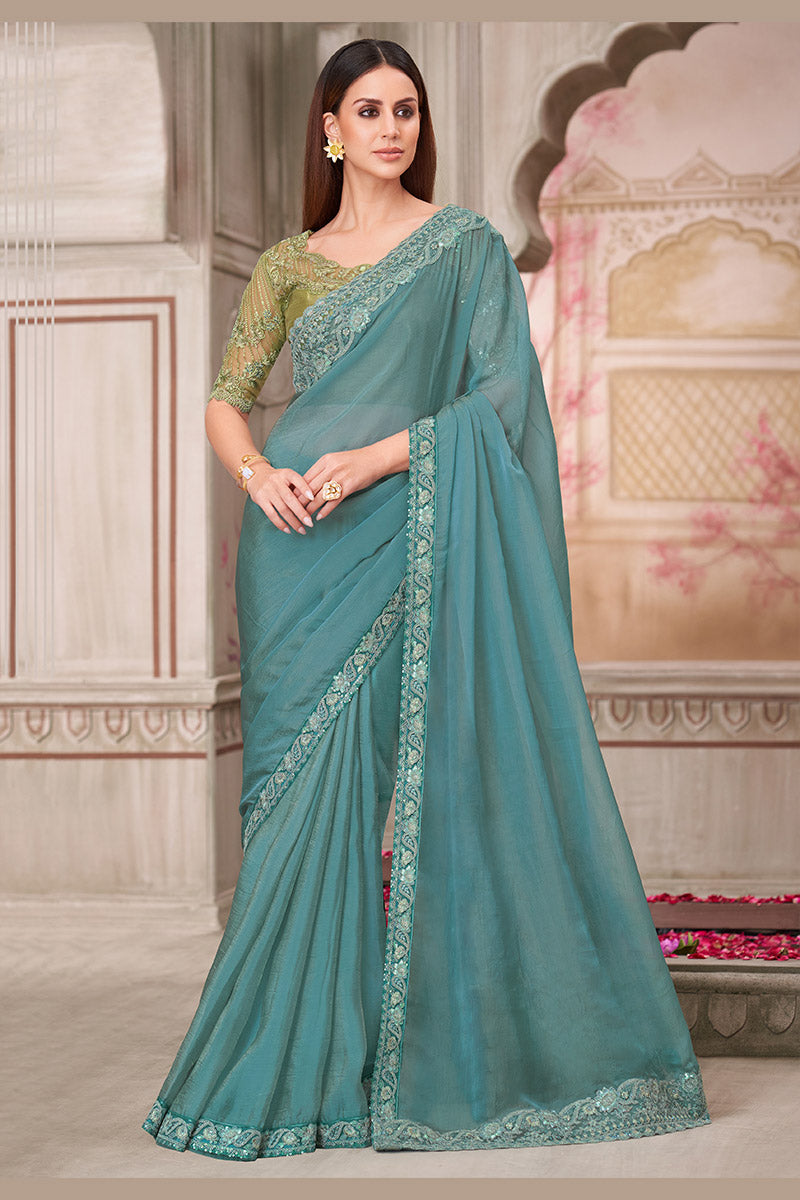 Luxury Party Wear Saree – Light Blue with Hand-Embroidered Blouse LF