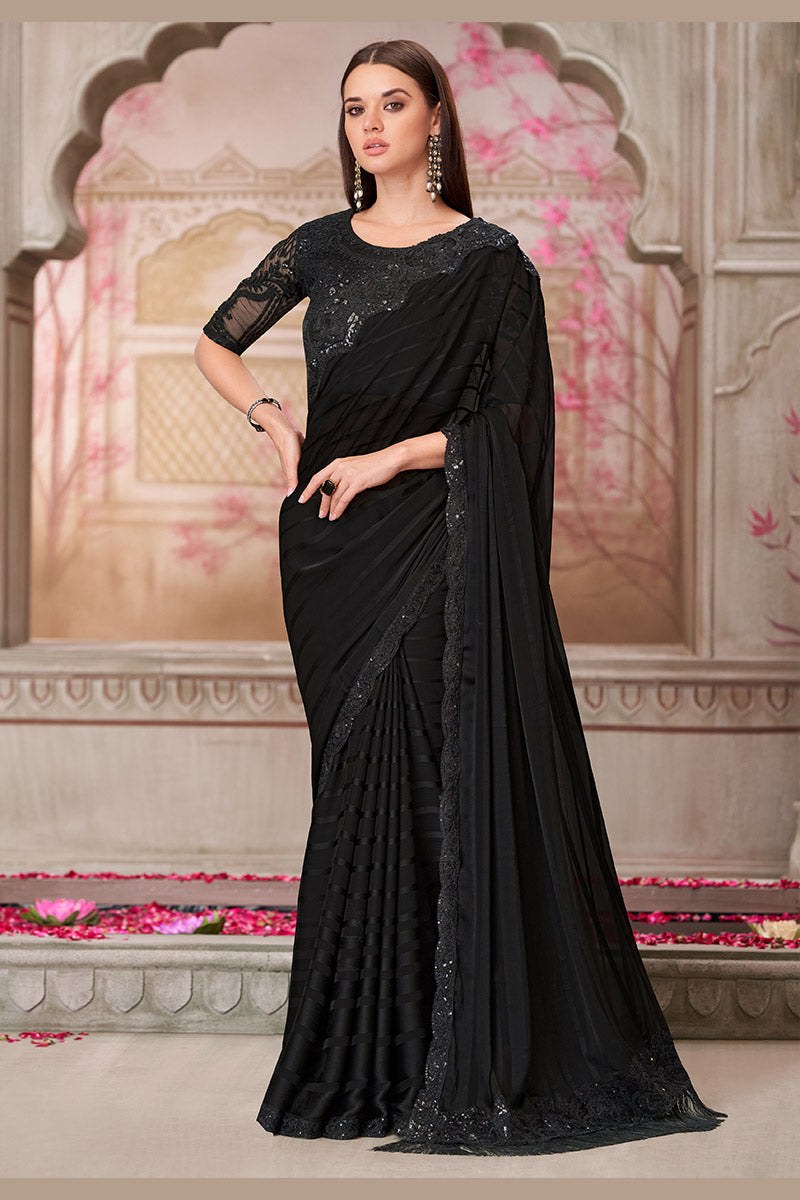 Ethnic Georgette Saree in Black with Designer Blouse LF