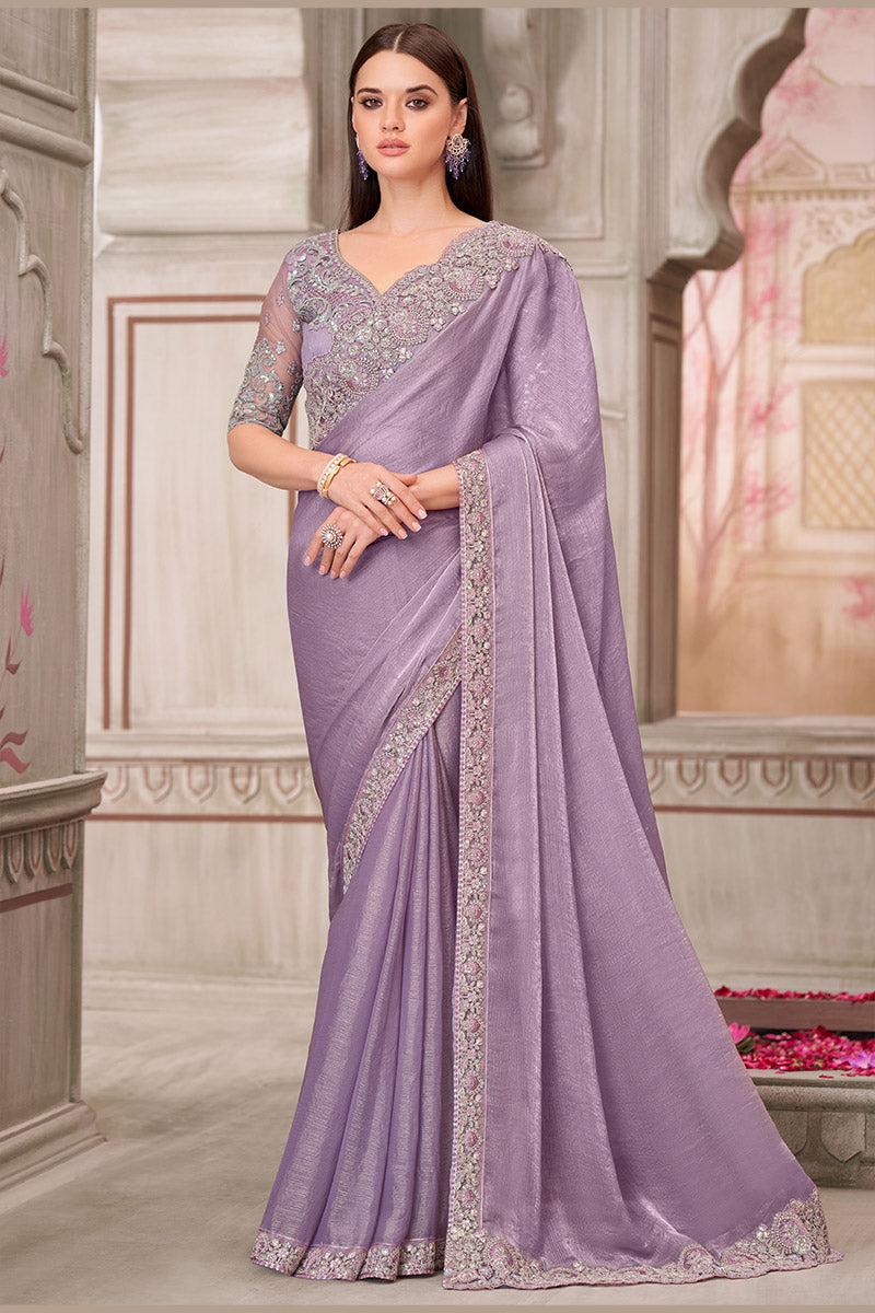 Designer Lavender Saree with Zari Embroidered Blouse – Party & Wedding Wear LF