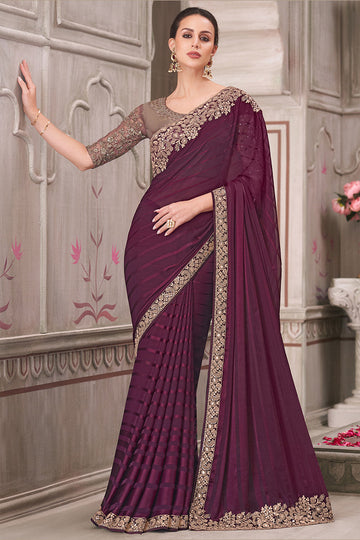 Graceful Wine Saree with Heavy Beige Embroidery Work LF