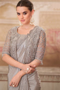 Shimmer Sartin Silk Thread Embroidery Sequins Border Work With Embroidery Blouse Jacket LF