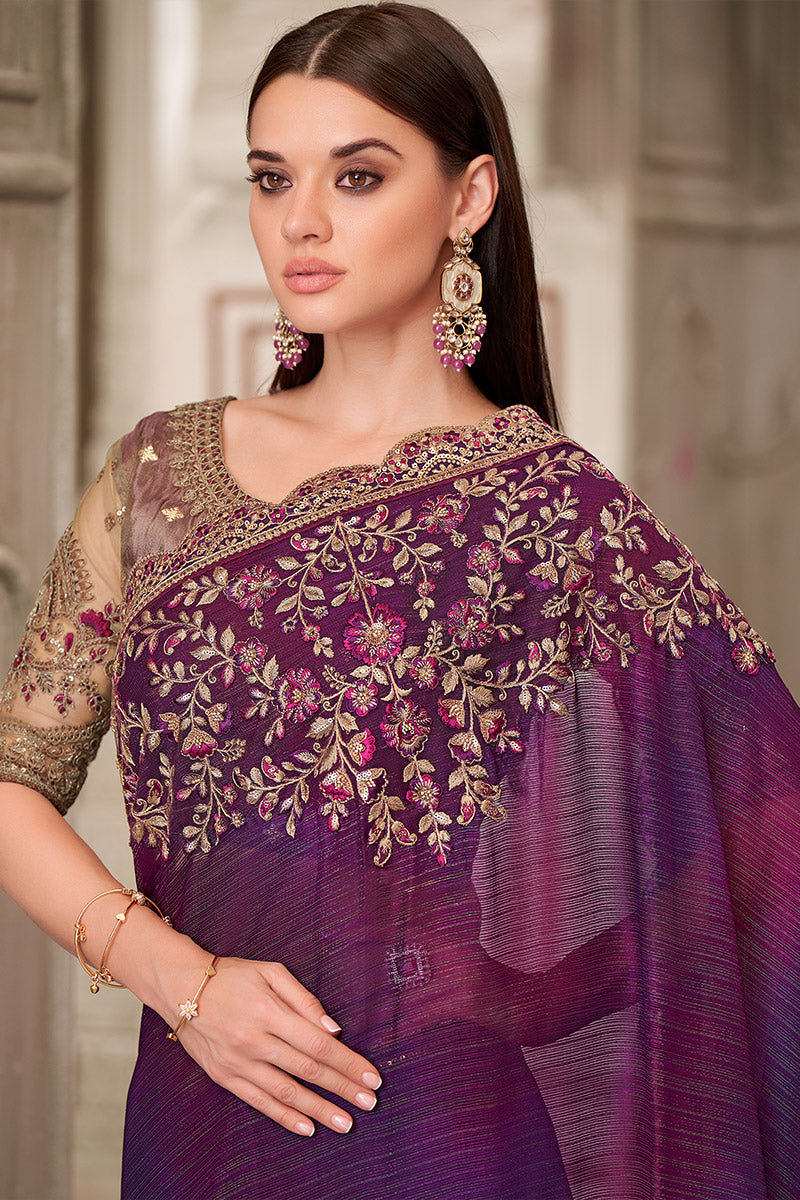 Mulberry Georgette Saree with Heavy Gold Embroidery LF