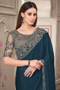 Graceful Dark Teal Saree with Heavy Grey Embroidery Blouse LF