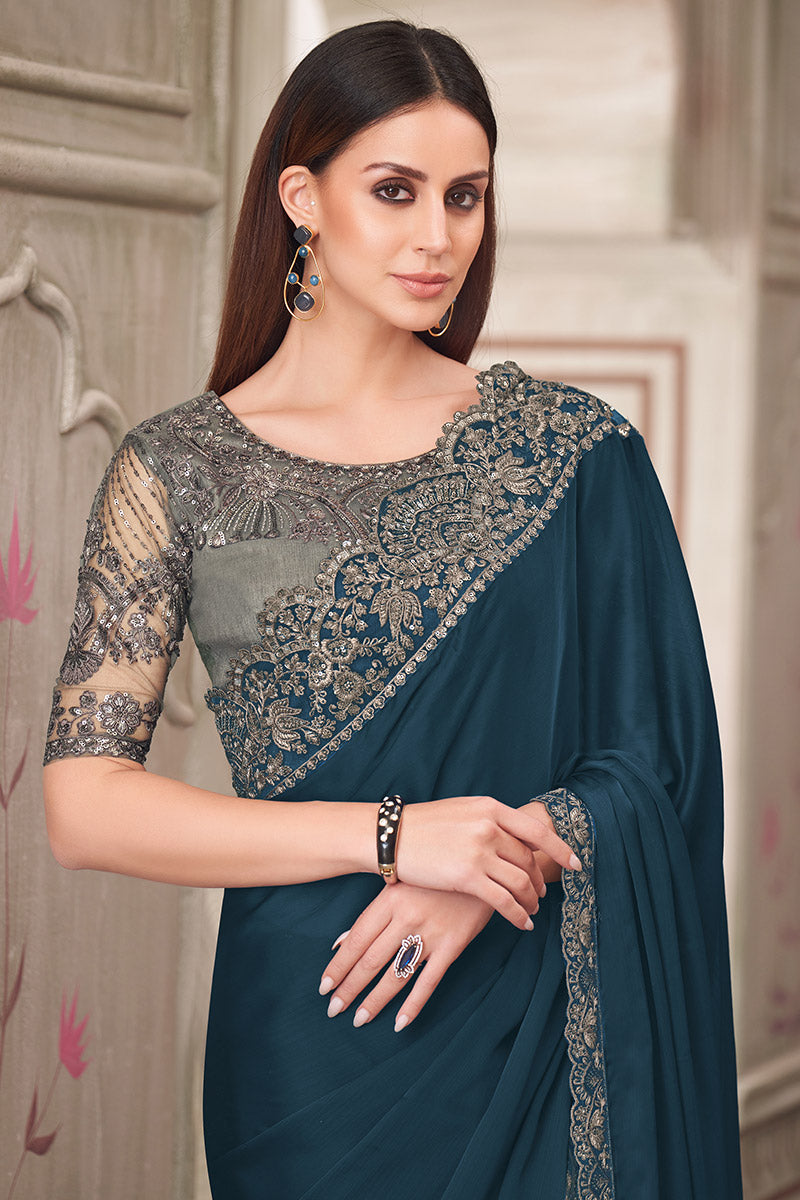 Graceful Dark Teal Saree with Heavy Grey Embroidery Blouse LF
