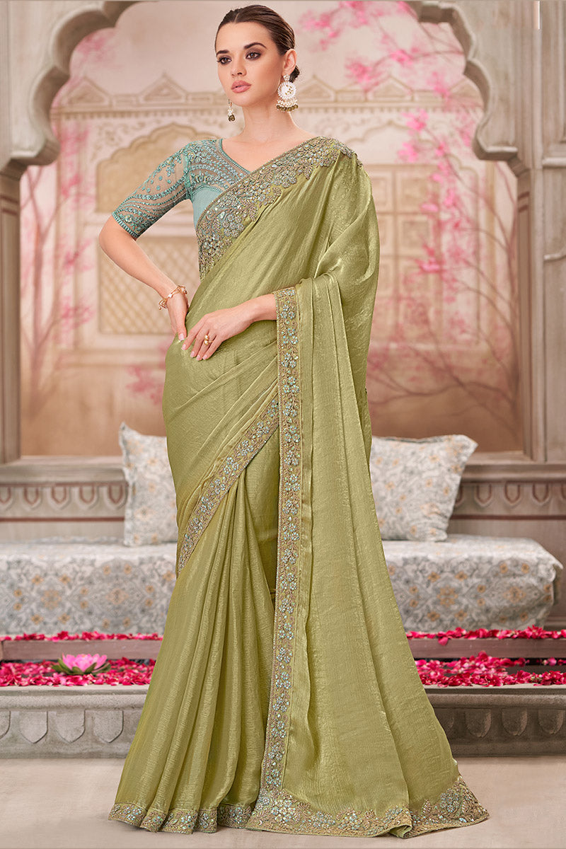 Bridal-Inspired Designer Saree in Olive with Green Embellishments LF