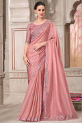 Luxury Party Wear Saree – Pink with Hand-Embroidered Blouse LF
