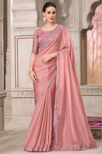 Luxury Party Wear Saree – Pink with Hand-Embroidered Blouse LF