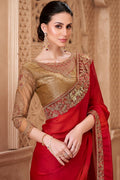 Red Bridal Saree with Gold Embroidered Border – Traditional Indian Saree RTI