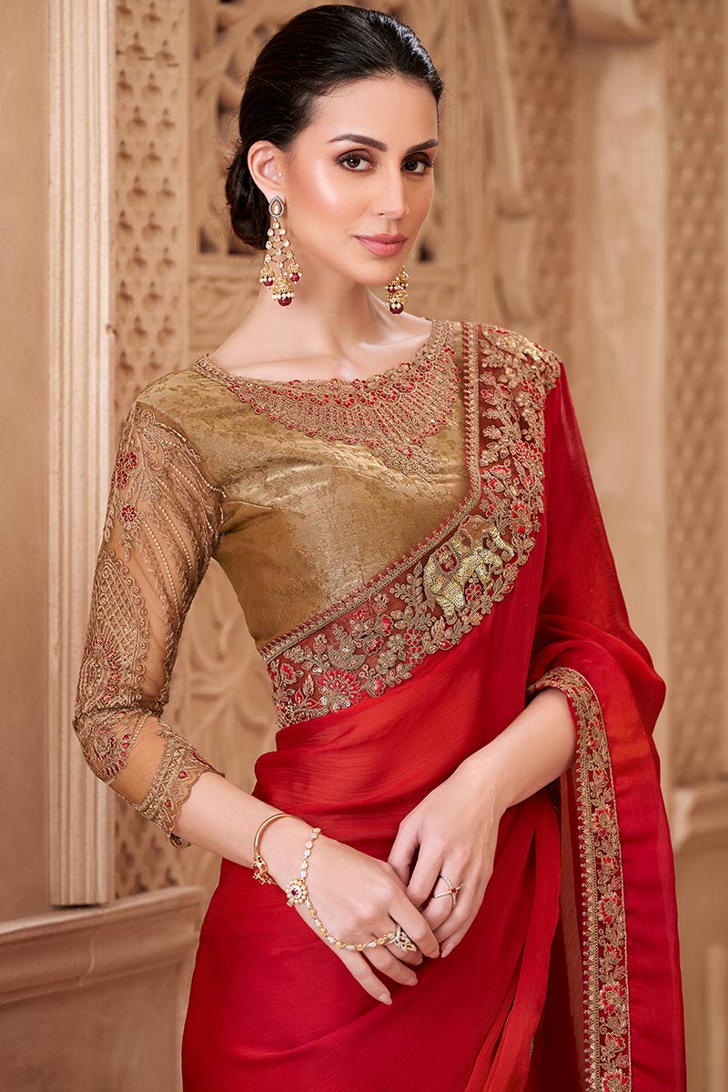 Red Bridal Saree with Gold Embroidered Border – Traditional Indian Saree RTI