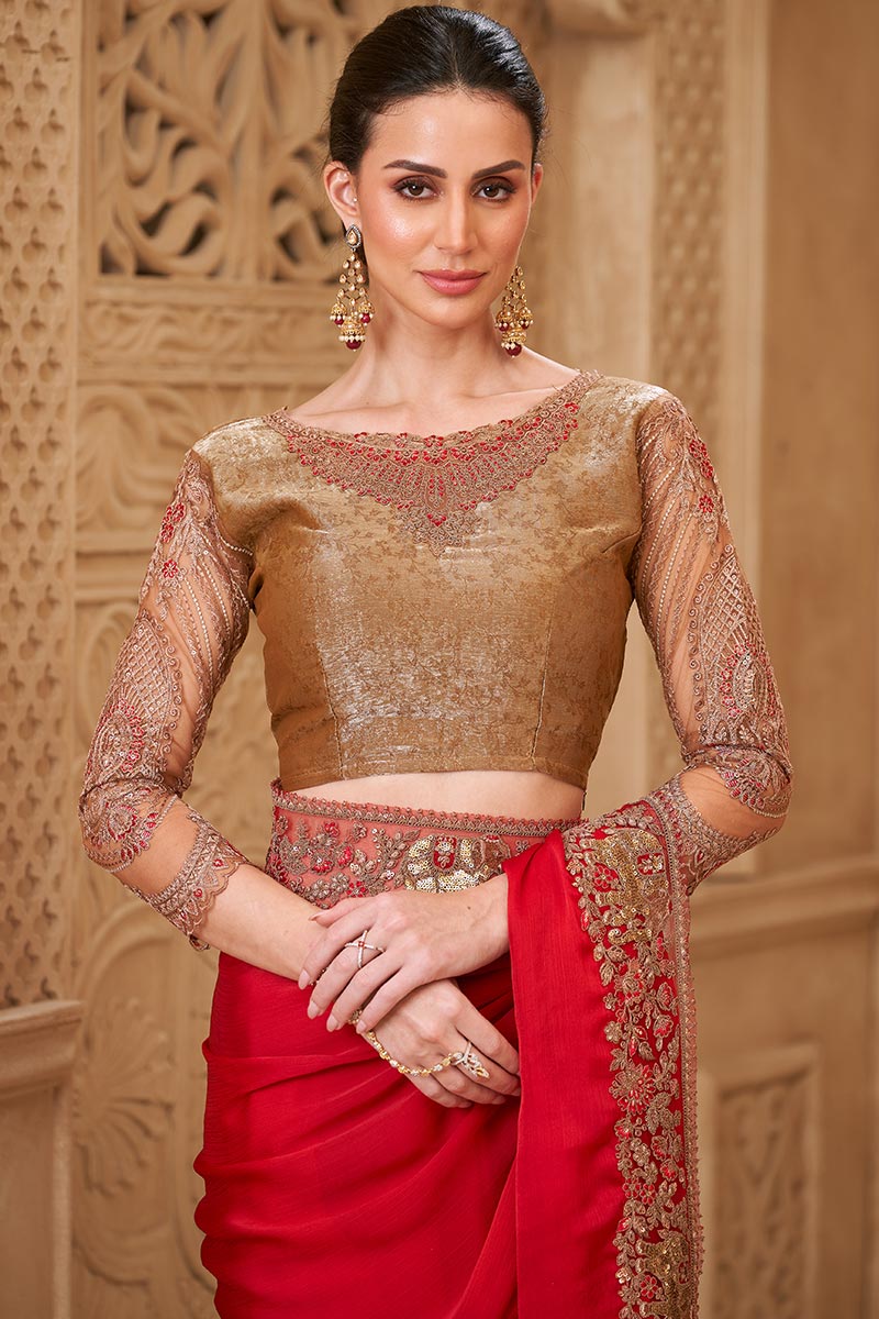 Red Bridal Saree with Gold Embroidered Border – Traditional Indian Saree RTI