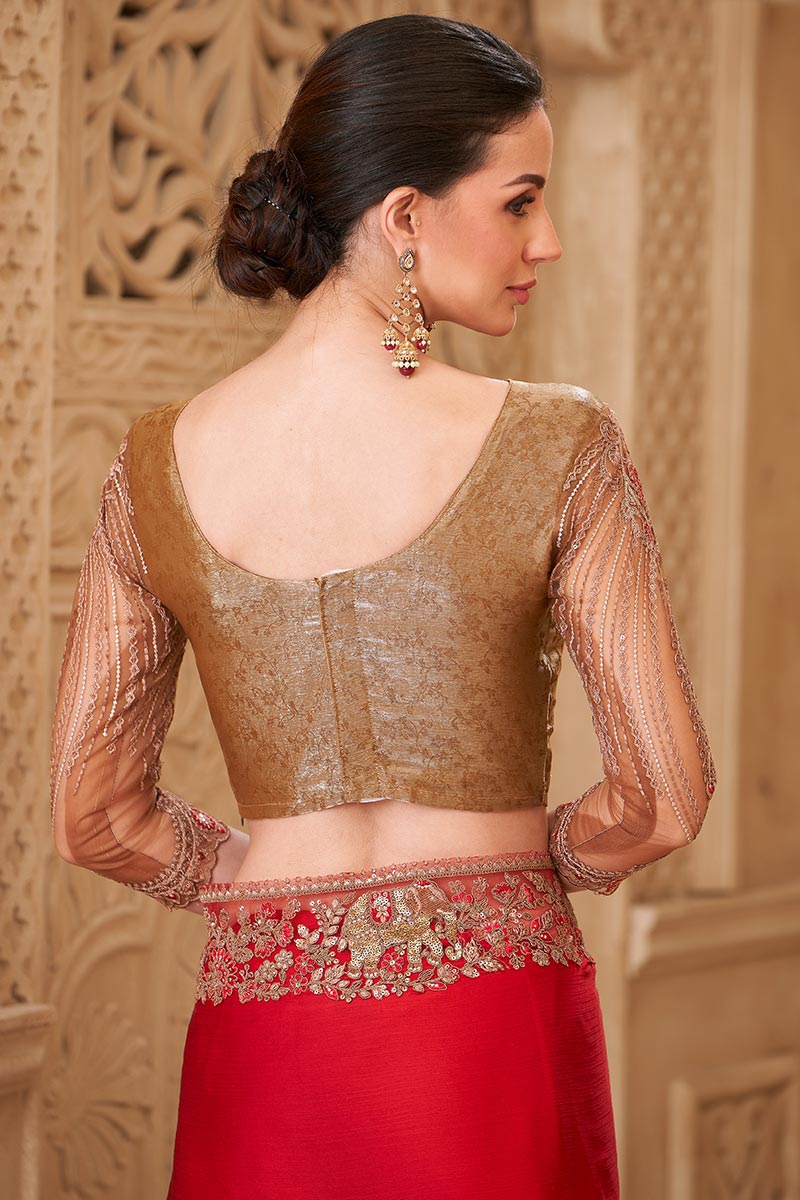 Red Bridal Saree with Gold Embroidered Border – Traditional Indian Saree RTI