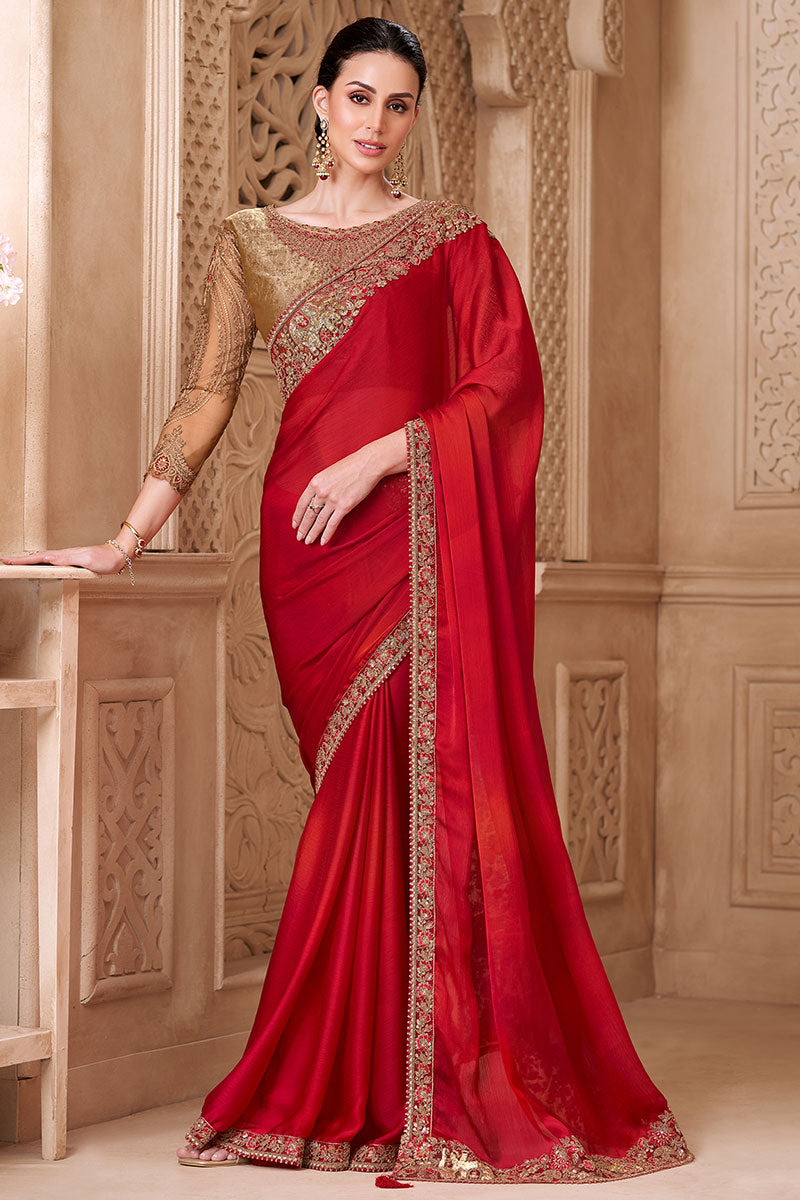 Red Bridal Saree with Gold Embroidered Border – Traditional Indian Saree RTI