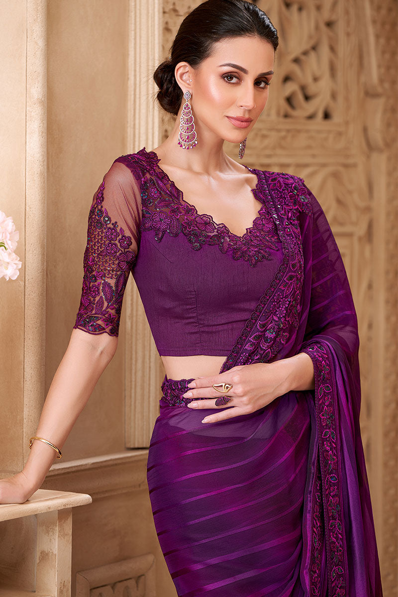 Mulberry  Georgette Saree with Ornate Border – Festival & Bride RTI