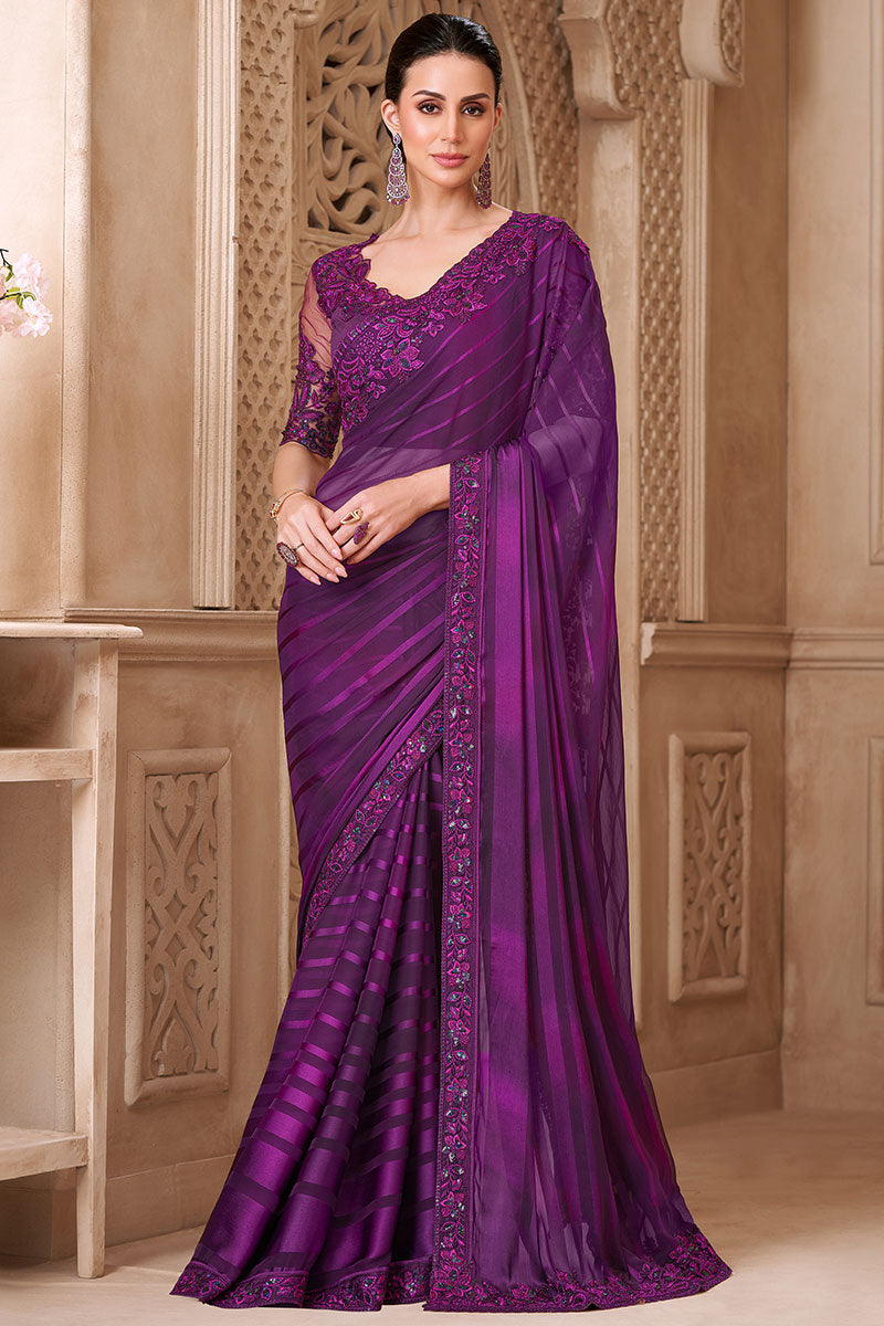 Mulberry  Georgette Saree with Ornate Border – Festival & Bride RTI