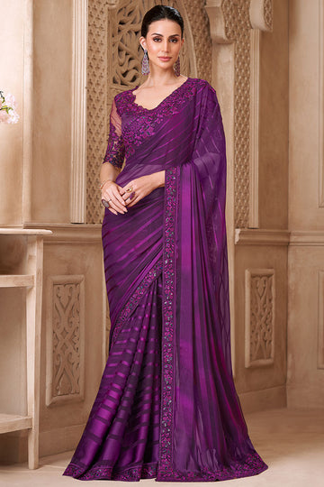 Mulberry  Georgette Saree with Ornate Border – Festival & Bride RTI