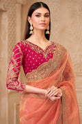 Peach Saree with Contrast Blouse Look – Perfect for Mehndi & Reception RTI