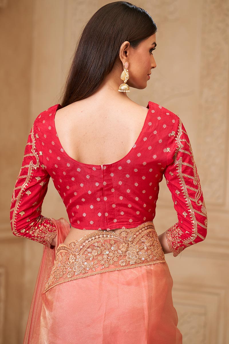 Peach Saree with Contrast Blouse Look – Perfect for Mehndi & Reception RTI