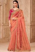 Peach Saree with Contrast Blouse Look – Perfect for Mehndi & Reception RTI