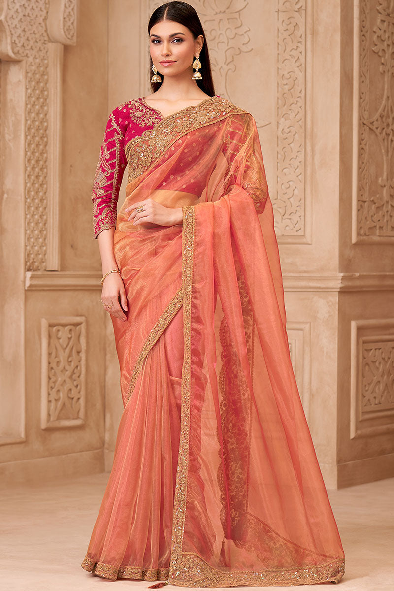 Peach Saree with Contrast Blouse Look – Perfect for Mehndi & Reception RTI