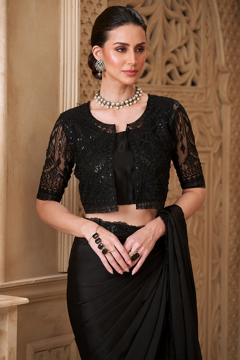 Black Bridal Saree with Black Embroidered Border – Traditional Indian Saree RTI