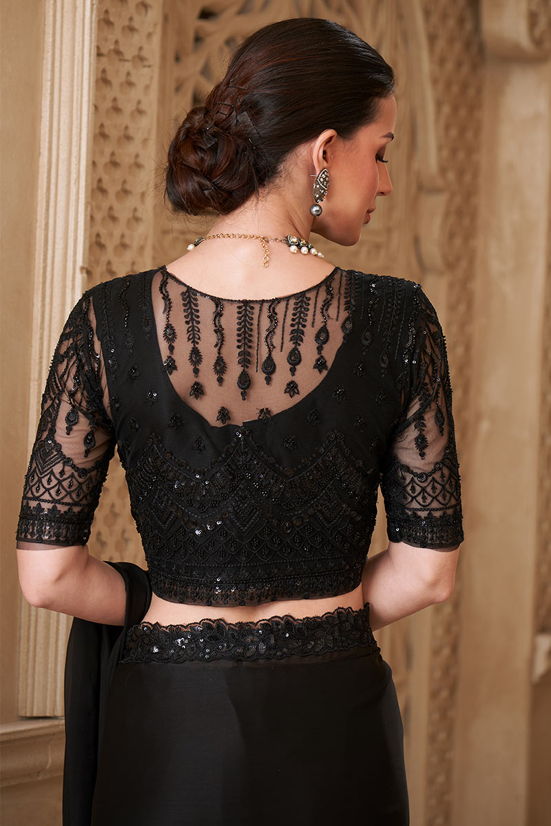 Black Bridal Saree with Black Embroidered Border – Traditional Indian Saree RTI