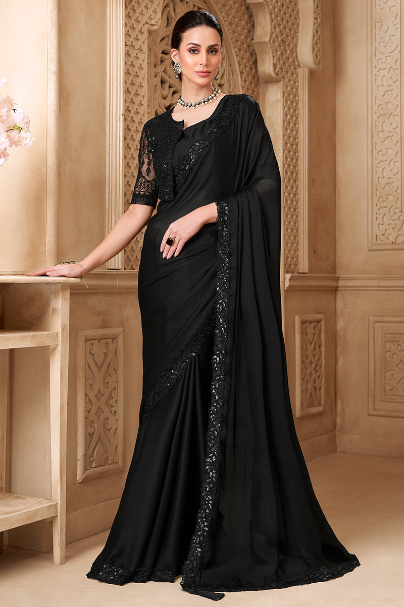 Black Bridal Saree with Black Embroidered Border – Traditional Indian Saree RTI