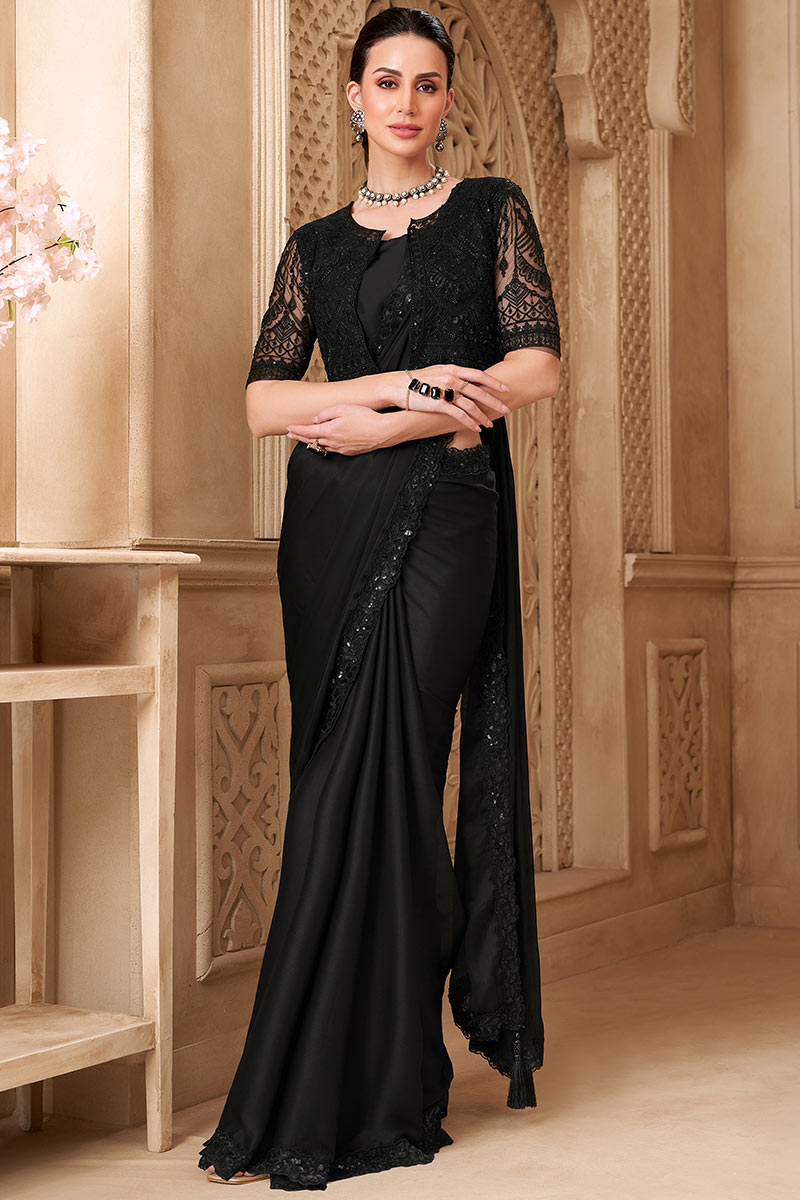 Black Bridal Saree with Black Embroidered Border – Traditional Indian Saree RTI