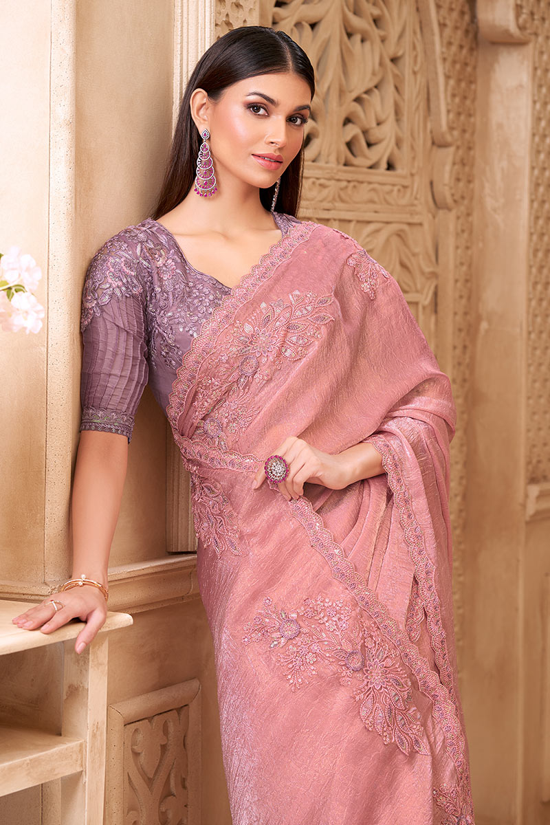 Blush Pink Saree with Lavender Blouse Look – Perfect for Reception RTI