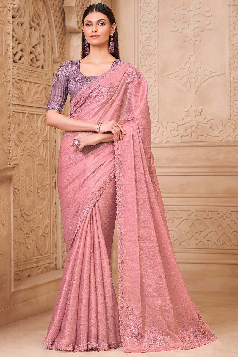 Blush Pink Saree with Lavender Blouse Look – Perfect for Reception RTI