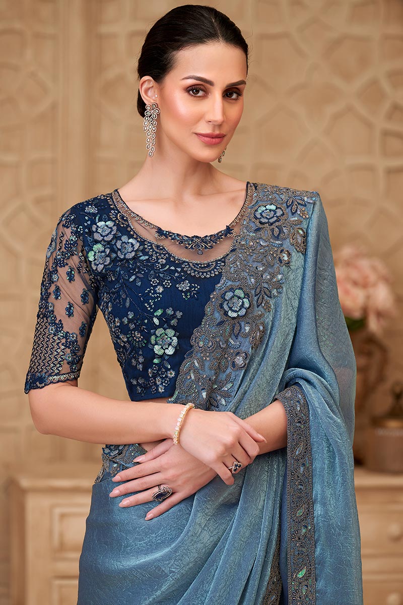 Metal Blue Saree Elegance – A Soft Glam Wedding Guest Look RTI