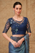 Metal Blue Saree Elegance – A Soft Glam Wedding Guest Look RTI