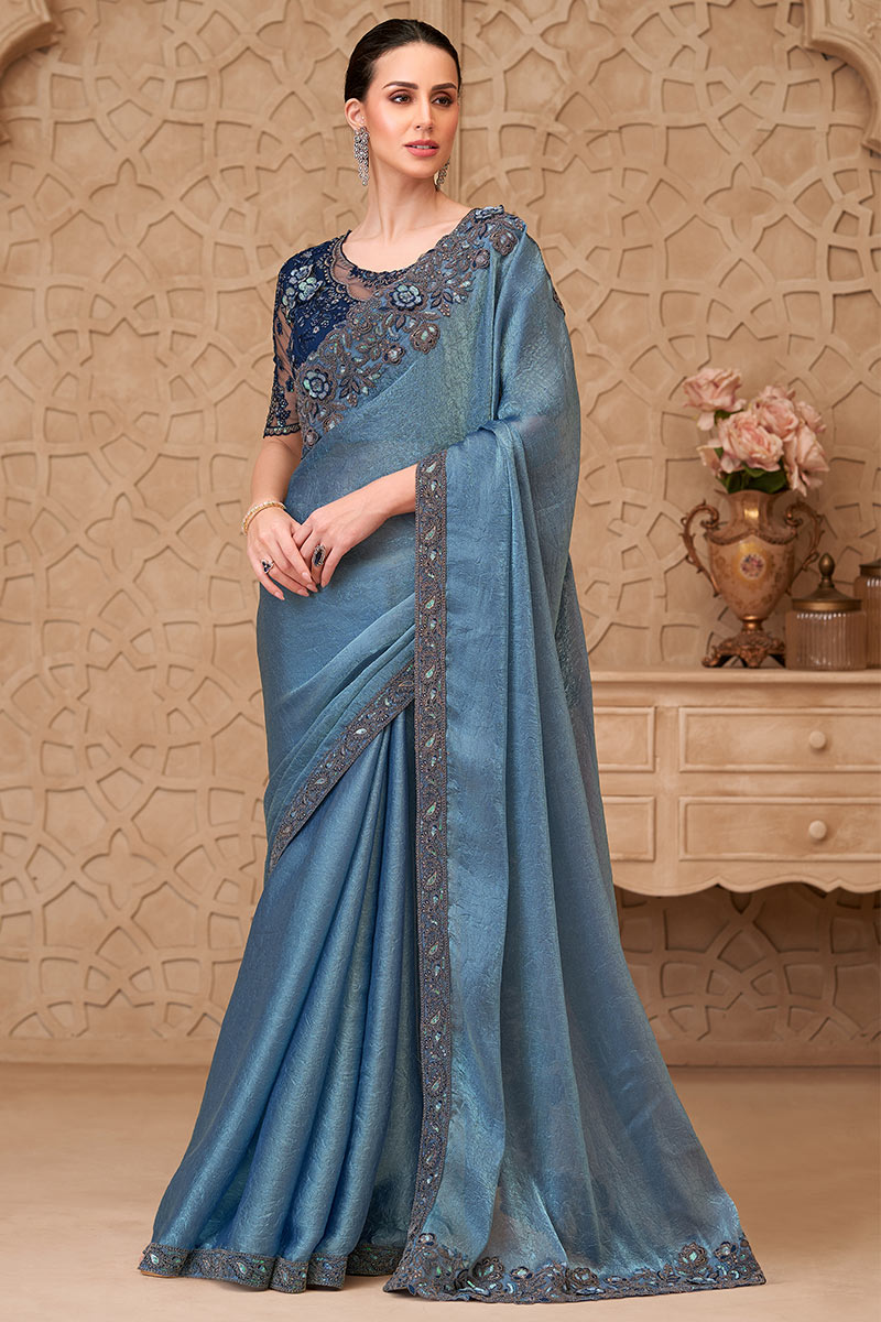Metal Blue Saree Elegance – A Soft Glam Wedding Guest Look RTI