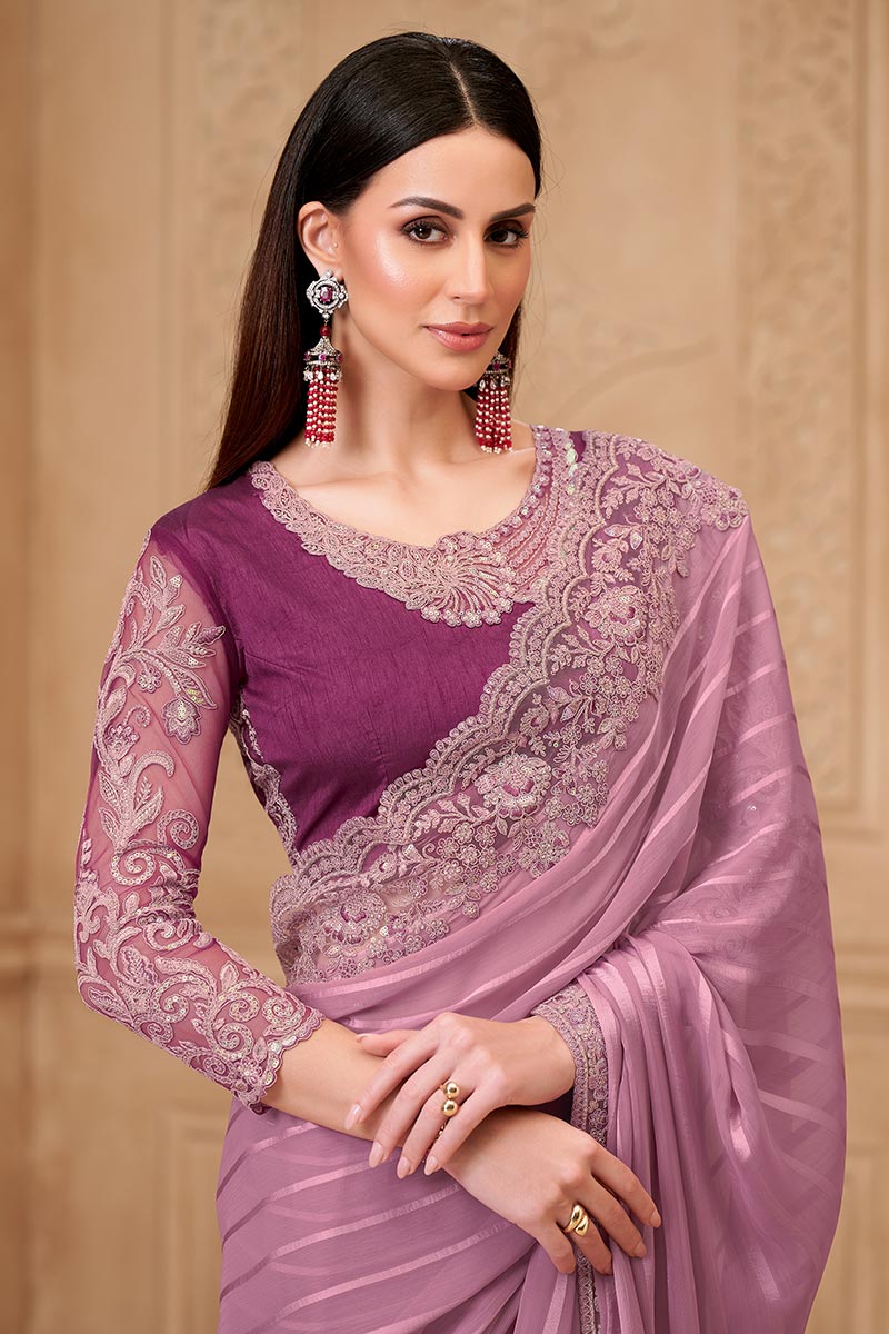 Onion Pink Saree with Contrast Blouse Look – Perfect for Reception RTI