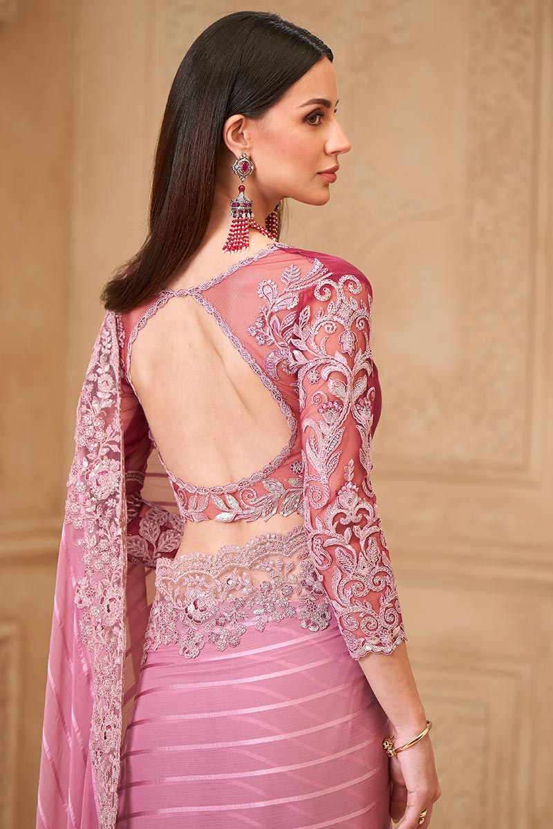 Onion Pink Saree with Contrast Blouse Look – Perfect for Reception RTI