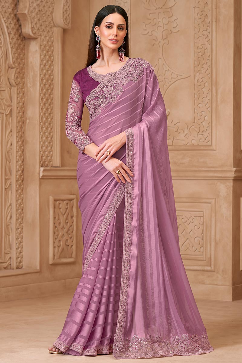 Onion Pink Saree with Contrast Blouse Look – Perfect for Reception RTI