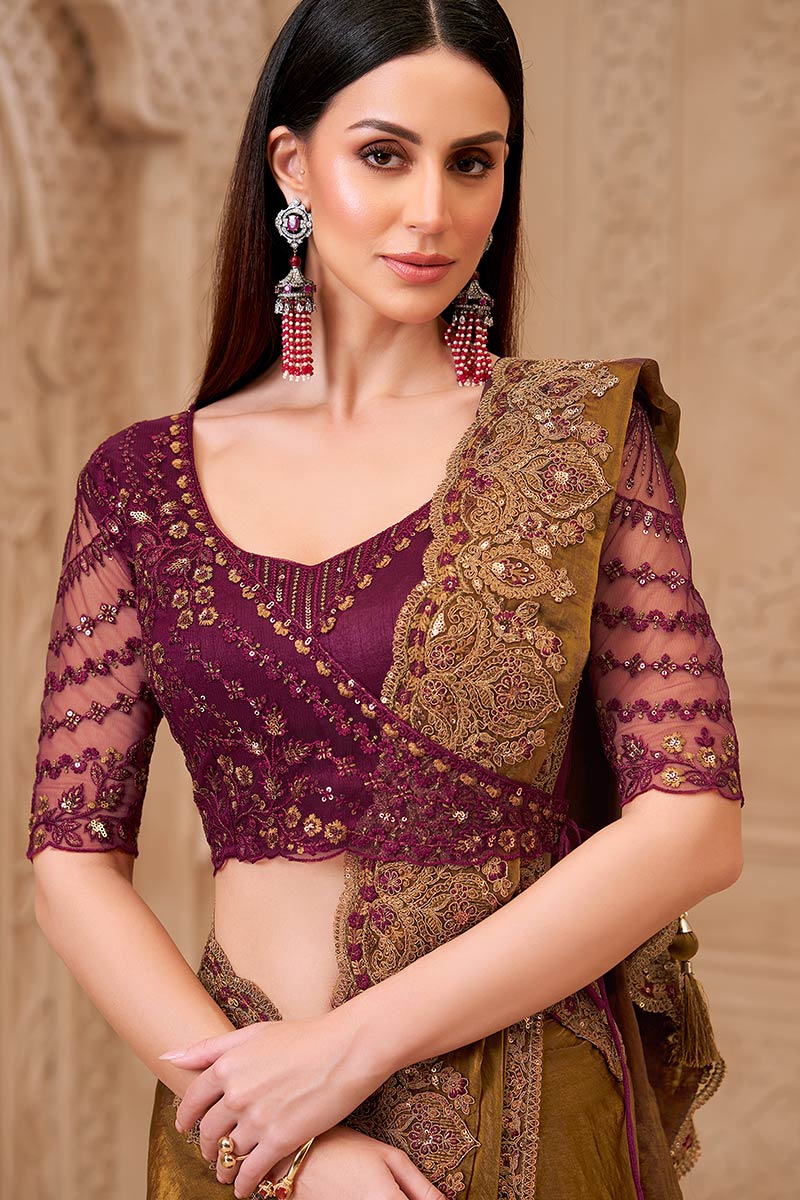 Bronze Saree with Contrast Blouse Look – Perfect for Reception RTI