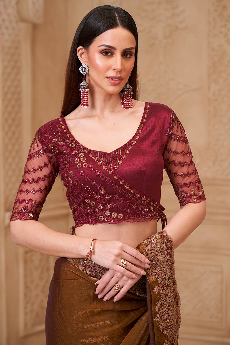 Bronze Saree with Contrast Blouse Look – Perfect for Reception RTI