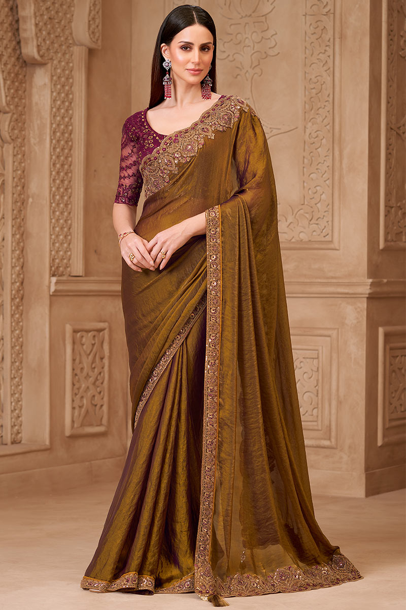 Bronze Saree with Contrast Blouse Look – Perfect for Reception RTI