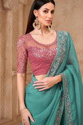 Turquoise Blush Saree, Pink Blouse – Modern Bridal Guest Wear RTI