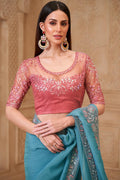 Turquoise Blush Saree, Pink Blouse – Modern Bridal Guest Wear RTI
