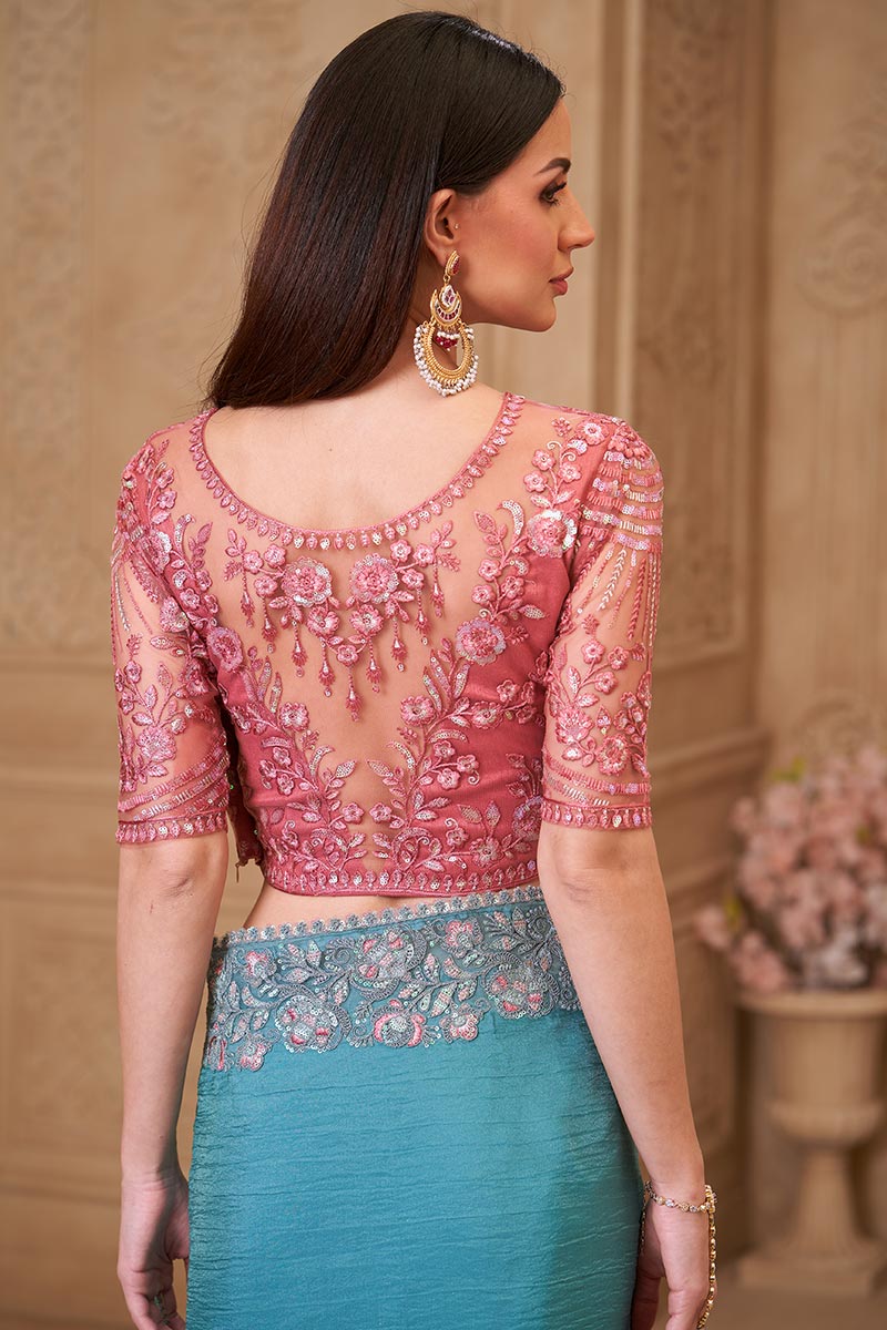 Turquoise Blush Saree, Pink Blouse – Modern Bridal Guest Wear RTI