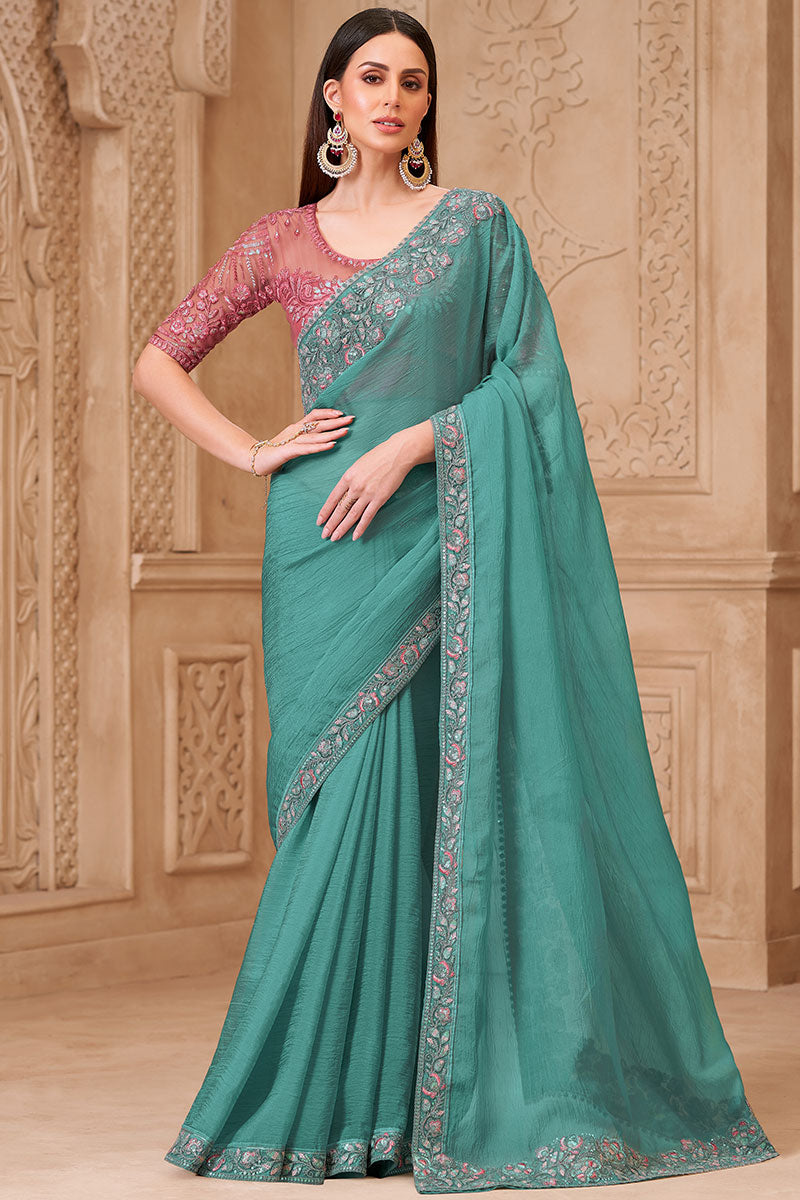 Turquoise Blush Saree, Pink Blouse – Modern Bridal Guest Wear RTI