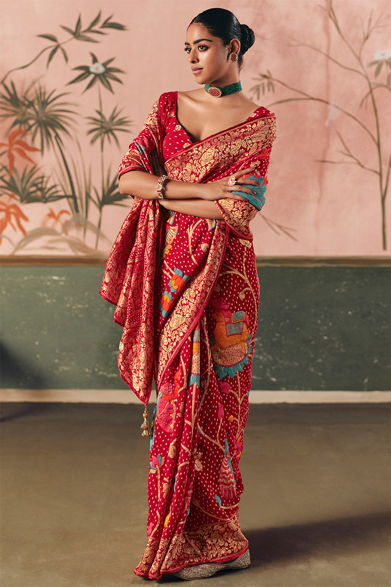 Khadi Georgette Bandhej Saree with Weaving & Tassel Detail — Festive / Party Wear LF